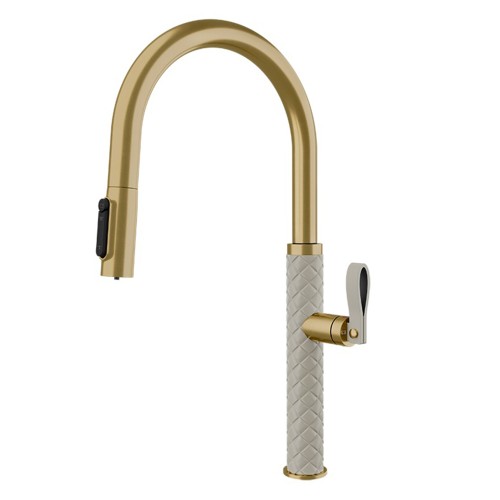 gessi-pelle-60934-435-miscelatore-cucina-doccetta-doppio-getto-ottone-crema Mitigeur de cuisine Gessi Pelle 60934 435 + douchette double jet - laiton + crème - Image 1