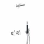 Ensemble de douche Vola 2471-081 avec mitigeur intégré, pommeau de douche et douchette.