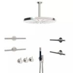 Ensemble de douche Vola Combi-21 avec mitigeur thermostatique encastré, pommeaux de douche et douchette.
